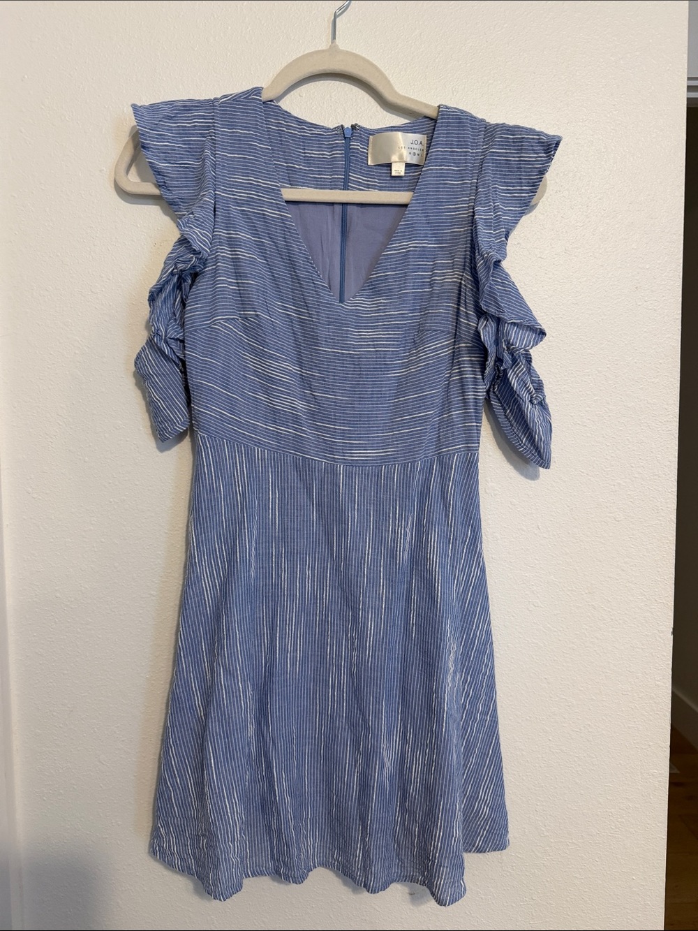 J.O.A. Blue & White Striped Ruffle-Shoulder Mini Dress